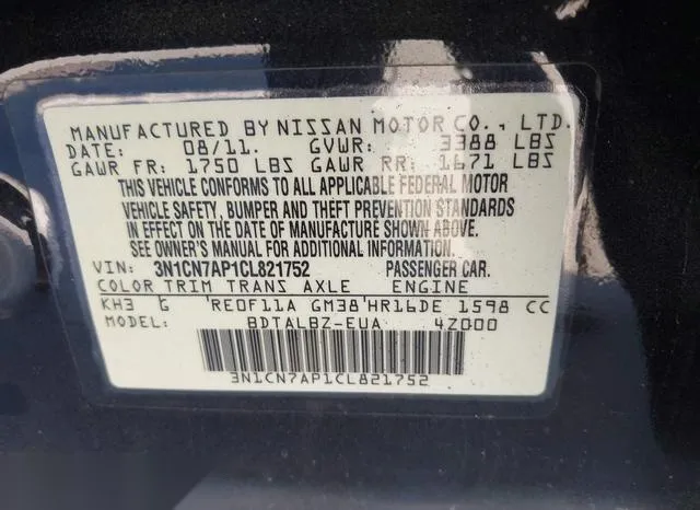 3N1CN7AP1CL821752 2012 2012 Nissan Versa- 1-6 SV 9