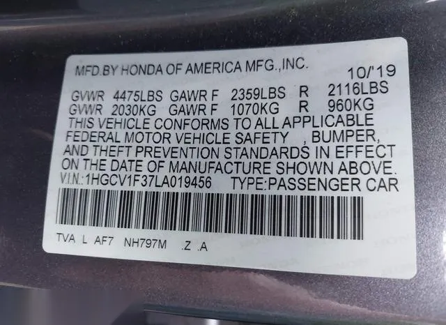 1HGCV1F37LA019456 2020 2020 Honda Accord- Sport 9