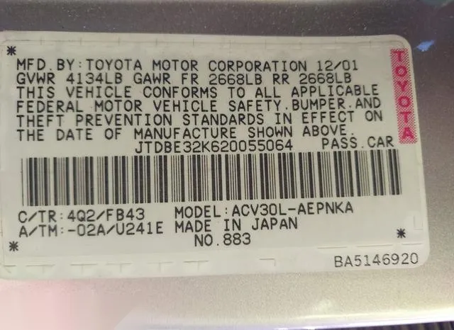 JTDBE32K620055064 2002 2002 Toyota Camry- LE 9