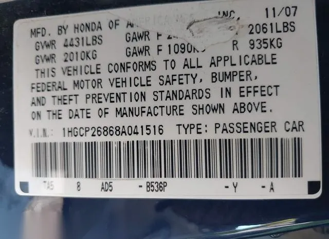 1HGCP26868A041516 2008 2008 Honda Accord- 2-4 Ex-L 9