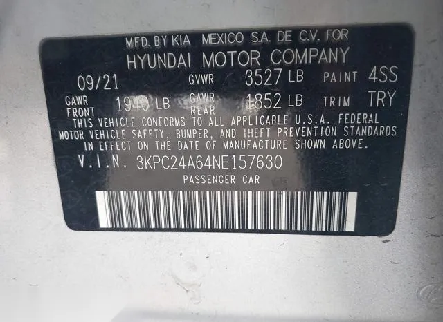 3KPC24A64NE157630 2022 2022 Hyundai Accent- SE 9