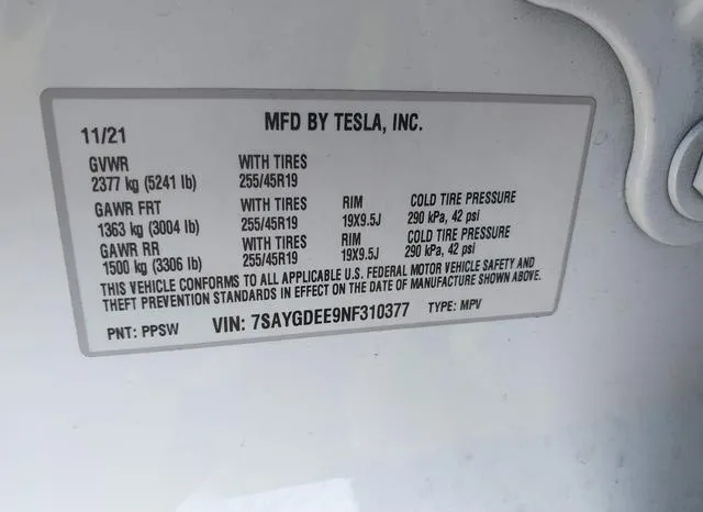 7SAYGDEE9NF310377 2022 2022 Tesla Model Y- Long Range Dual 9