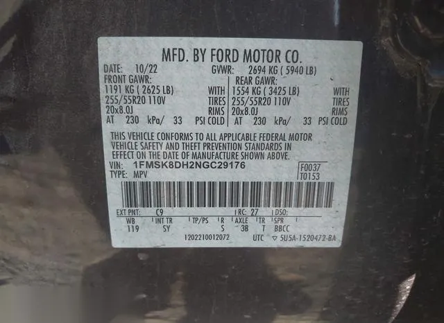 1FMSK8DH2NGC29176 2022 2022 Ford Explorer- Xlt 9