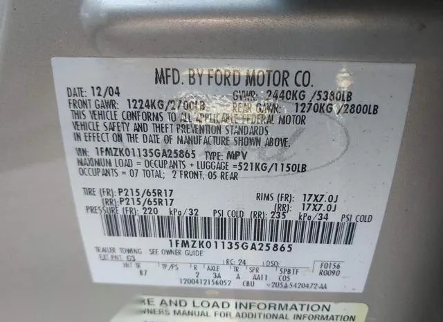 1FMZK01135GA25865 2005 2005 Ford Freestyle- SE 9