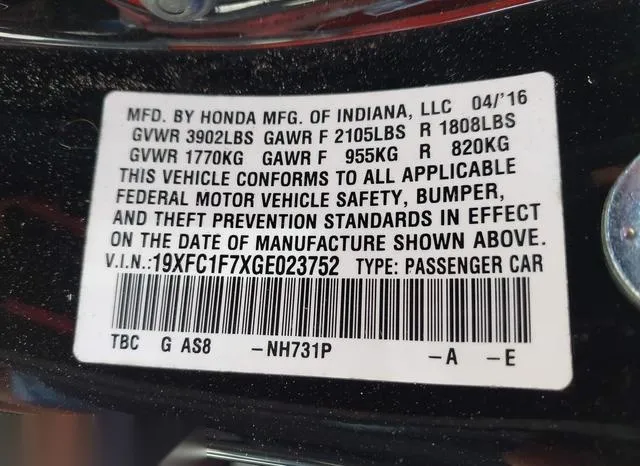 19XFC1F7XGE023752 2016 2016 Honda Civic- Ex-L 9