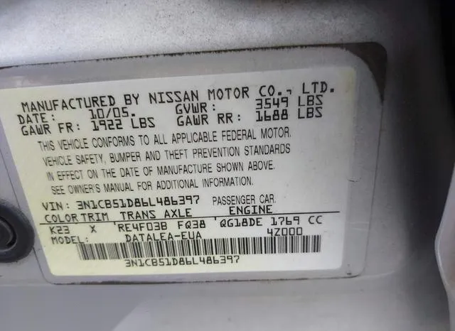 3N1CB51D86L486397 2006 2006 Nissan Sentra- 1-8S 9