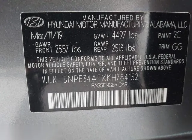 5NPE34AFXKH784152 2019 2019 Hyundai Sonata- Sel 9