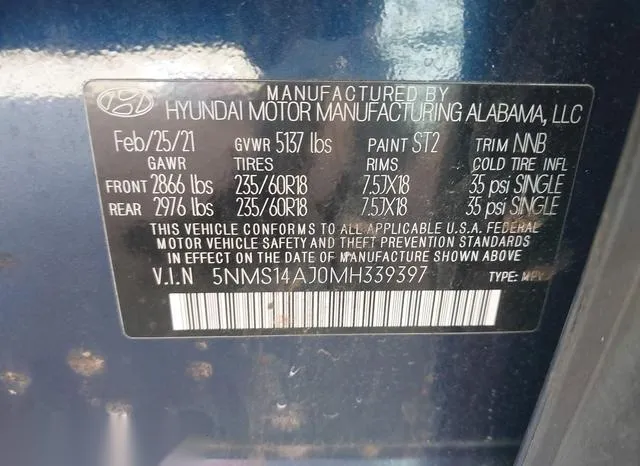 5NMS14AJ0MH339397 2021 2021 Hyundai Santa Fe- SE 9