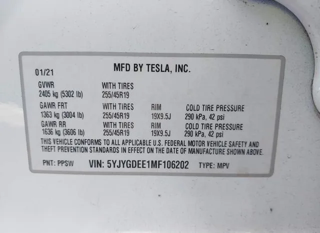 5YJYGDEE1MF106202 2021 2021 Tesla Model Y- Long Range Dual 9