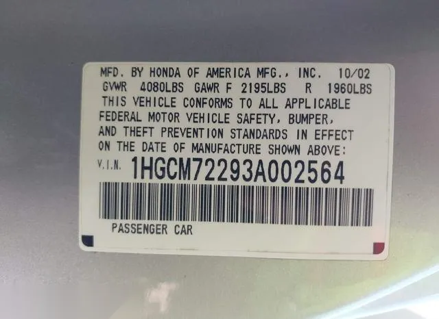 1HGCM72293A002564 2003 2003 Honda Accord- 2-4 LX 9