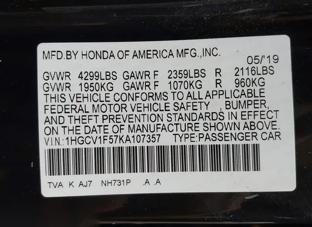 1HGCV1F57KA107357 2019 2019 Honda Accord- Ex-L 9