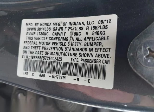 19XFB5F57CE002425 2012 2012 Honda Civic- Natural Gas 9