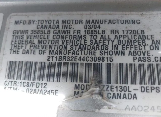 2T1BR32E44C309815 2004 2004 Toyota Corolla- S 9