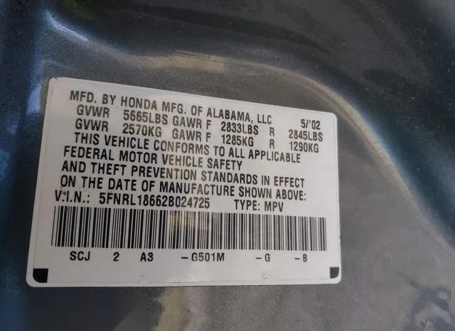 5FNRL18662B024725 2002 2002 Honda Odyssey- EX 9