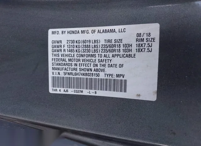 5FNRL6H74KB028150 2019 2019 Honda Odyssey- Ex-L 9