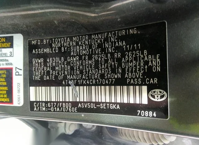 4T4BF1FK4CR170477 2012 2012 Toyota Camry- Xle 9