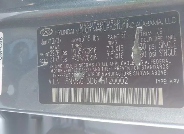 5NMSG13D67H120002 2007 2007 Hyundai Santa Fe- Gls 9