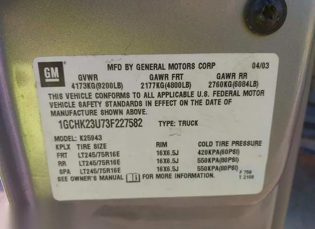 1GCHK23U73F227582 2003 2003 Chevrolet Silverado 2500- HD LS 9