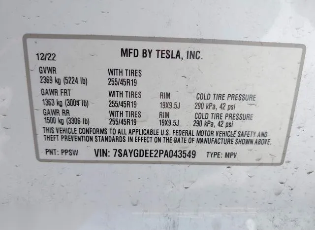 7SAYGDEE2PA043549 2023 2023 Tesla Model Y- Awd/Long Range D 9