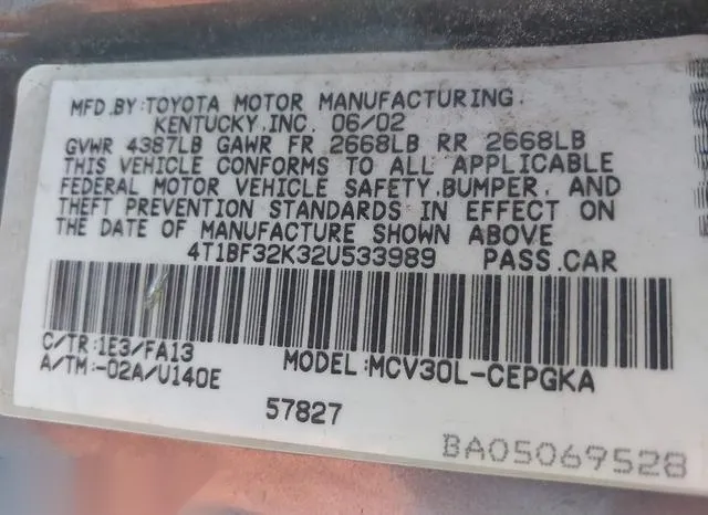 4T1BF32K32U533989 2002 2002 Toyota Camry- Xle V6 9