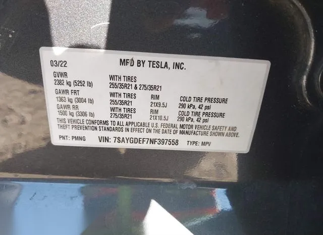 7SAYGDEF7NF397558 2022 2022 Tesla Model Y- Performance Dual 9