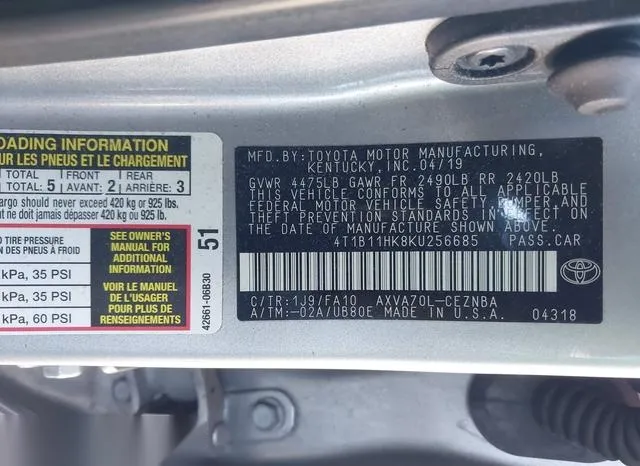 4T1B11HK8KU256685 2019 2019 Toyota Camry- LE 9