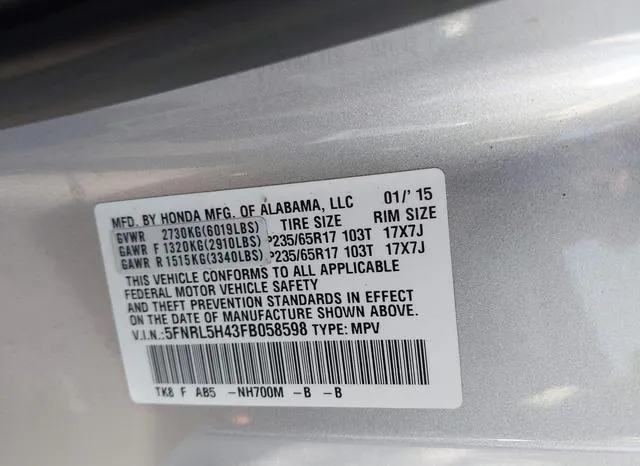 5FNRL5H43FB058598 2015 2015 Honda Odyssey- EX 9