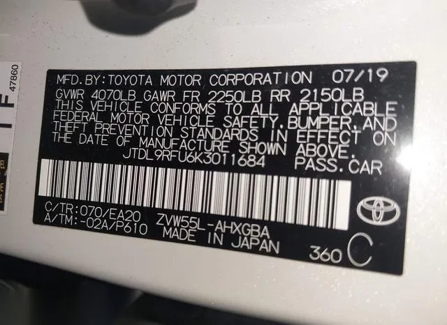 JTDL9RFU6K3011684 2019 2019 Toyota Prius- Xle 9