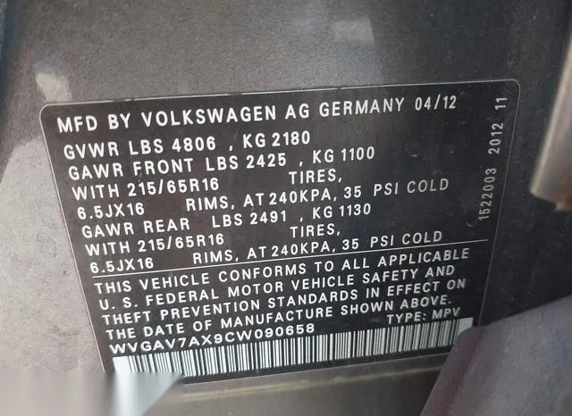 WVGAV7AX9CW090658 2012 2012 Volkswagen Tiguan- S 9