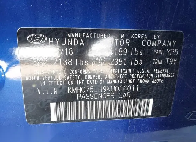 KMHC75LH9KU036011 2019 2019 Hyundai Ioniq- Electric 9