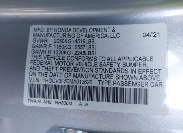 1HGCV3F50MA013626 2021 2021 Honda Accord- Hybrid Ex-L 9