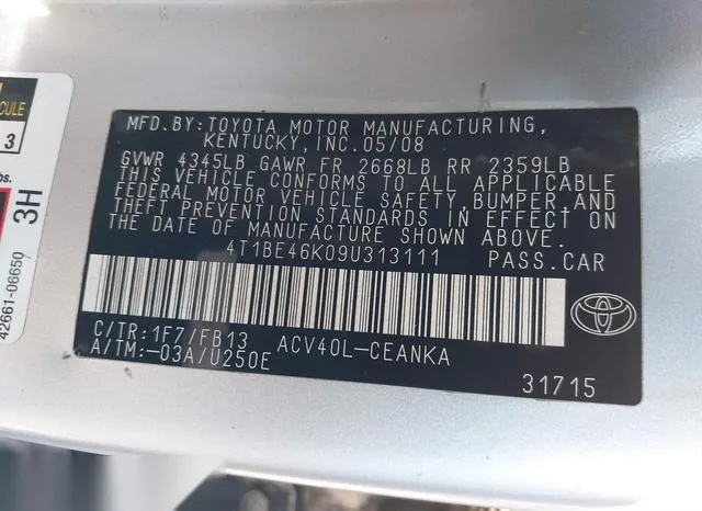 4T1BE46K09U313111 2009 2009 Toyota Camry- LE 9