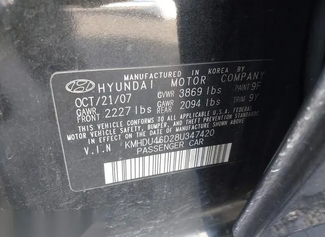 KMHDU46D28U347420 2008 2008 Hyundai Elantra- Gls/Se 9