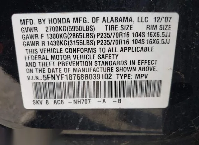 5FNYF18768B039102 2008 2008 Honda Pilot- Ex-L 9