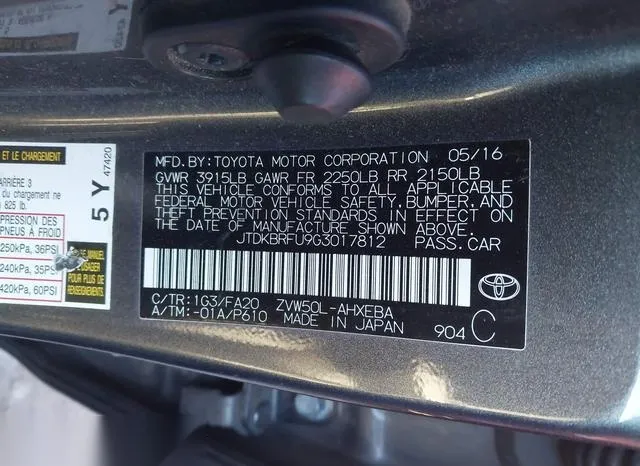 JTDKBRFU9G3017812 2016 2016 Toyota Prius- Two 9