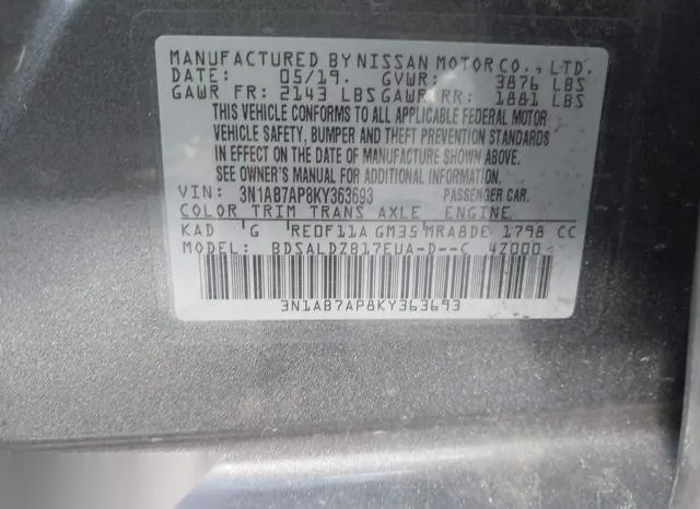 3N1AB7AP8KY363693 2019 2019 Nissan Sentra- SV 9