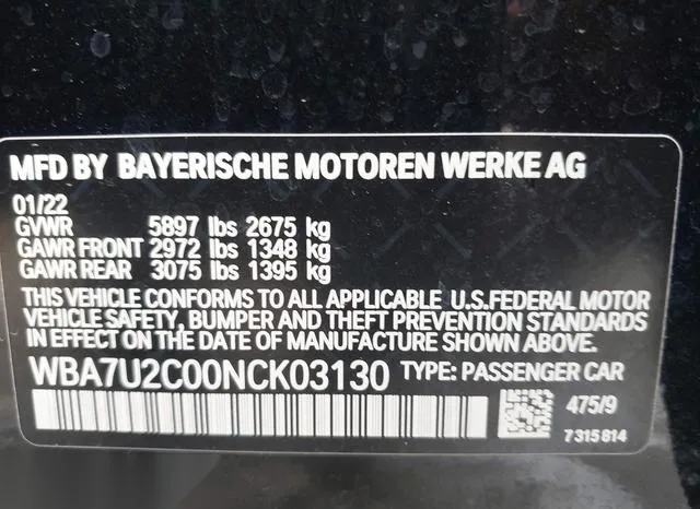 WBA7U2C00NCK03130 2022 2022 BMW 7 Series- 750 I Xdrive 9