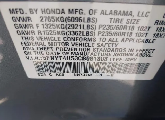 5FNYF4H53CB081803 2012 2012 Honda Pilot- Ex-L 9