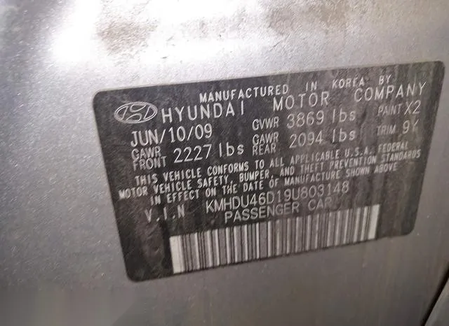 KMHDU46D19U803148 2009 2009 Hyundai Elantra- Gls 9