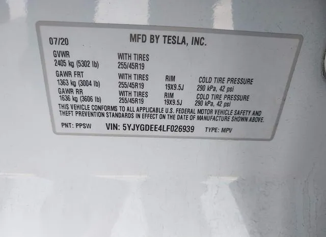 5YJYGDEE4LF026939 2020 2020 Tesla Model Y- Long Range Dual 9