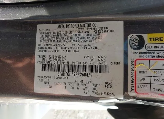 3FAHP0HA9BR260479 2011 2011 Ford Fusion- SE 9