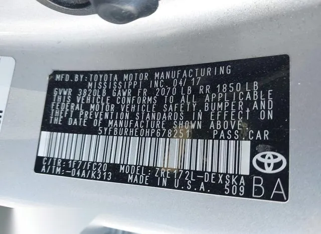 5YFBURHE0HP678251 2017 2017 Toyota Corolla- L/Le/Xle/Se/Xse 9