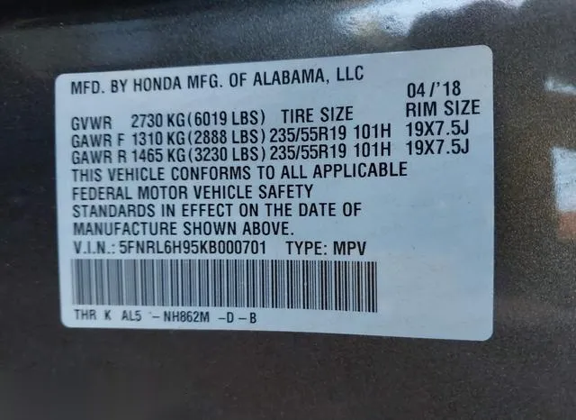 5FNRL6H95KB000701 2019 2019 Honda Odyssey- Elite 9