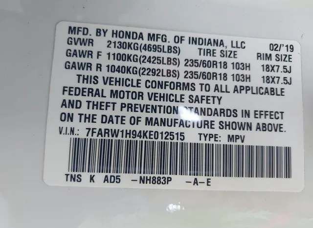 7FARW1H94KE012515 2019 2019 Honda CR-V- Touring 9