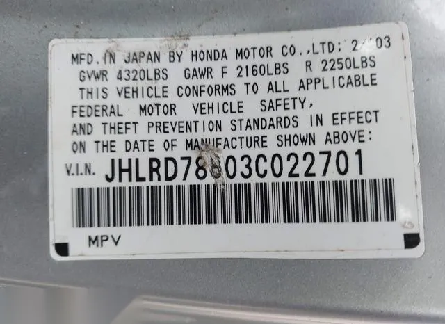 JHLRD78803C022701 2003 2003 Honda CR-V- EX 9