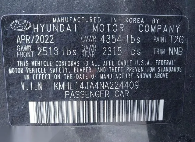 KMHL14JA4NA224409 2022 2022 Hyundai Sonata- Sel 9