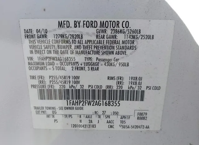 1FAHP2FW2AG168355 2010 2010 Ford Taurus- Limited 9