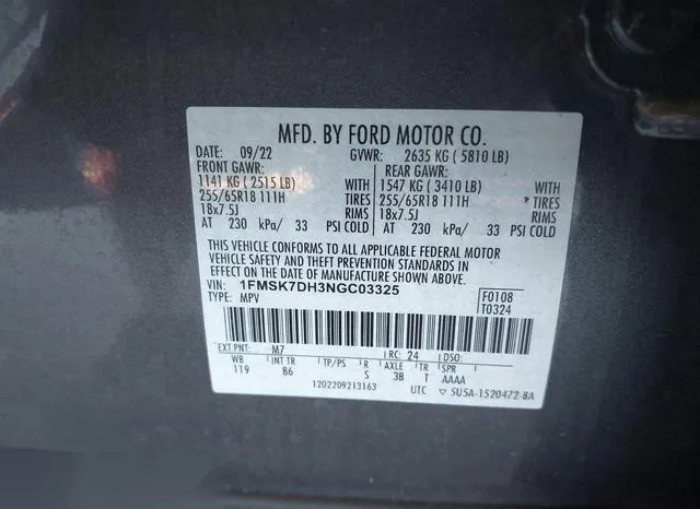 1FMSK7DH3NGC03325 2022 2022 Ford Explorer- Xlt 9