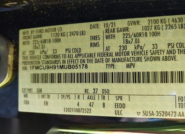 1FMCU9H91MUB05178 2021 2021 Ford Escape- Sel 9