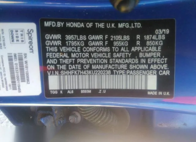 SHHFK7H43KU220238 2019 2019 Honda Civic- Sport 9